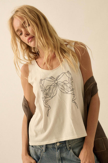 Bowed Beauty Raw-Edge Floral Graphic Tank Top