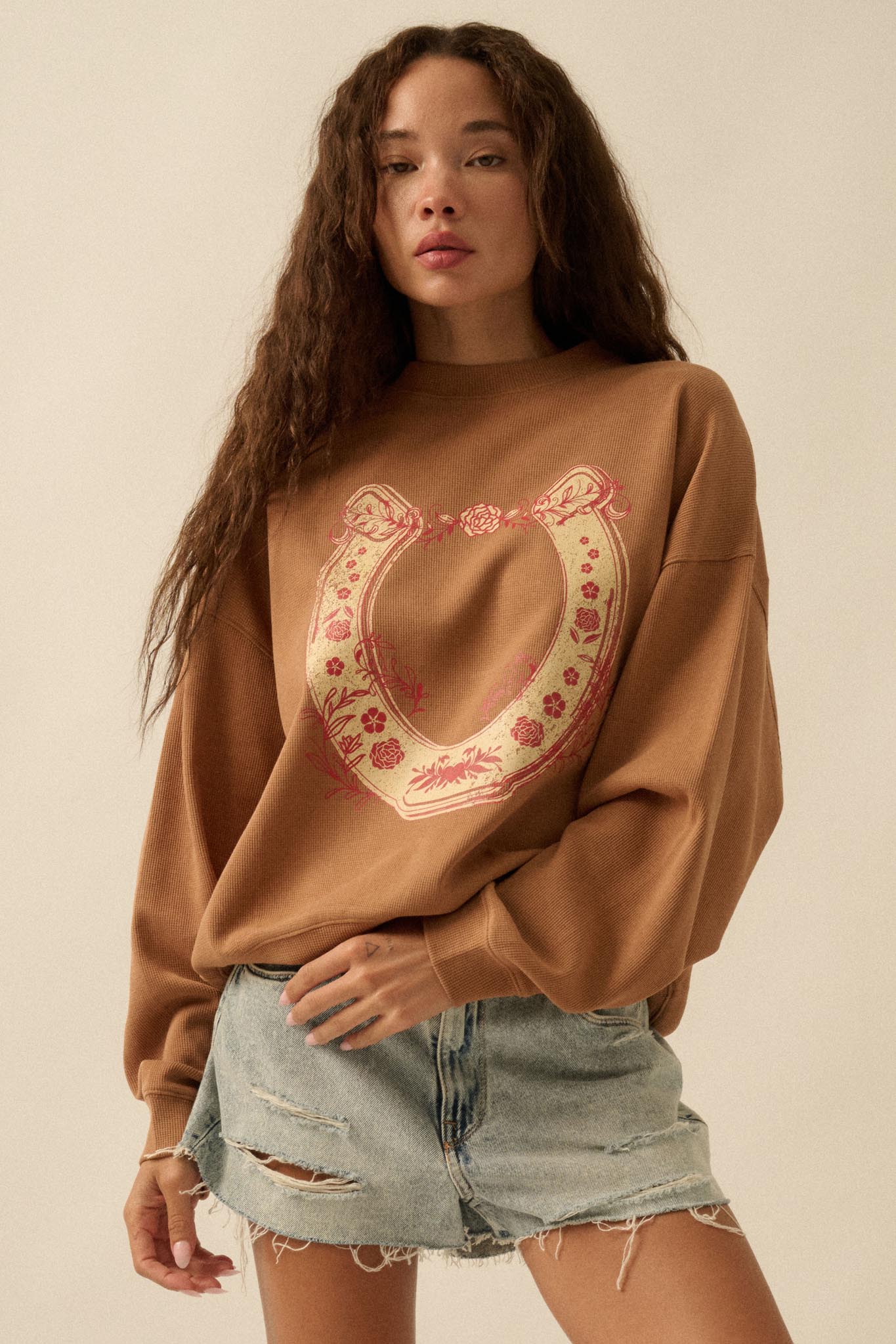 Floral Horseshoe Oversize Thermal Graphic Top