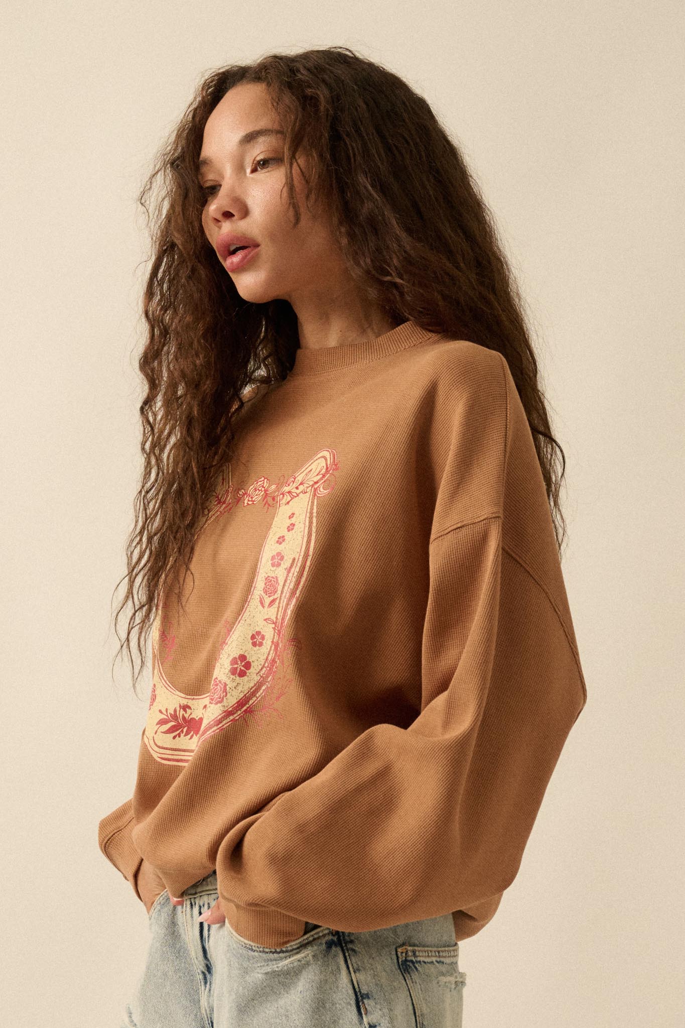 Floral Horseshoe Oversize Thermal Graphic Top