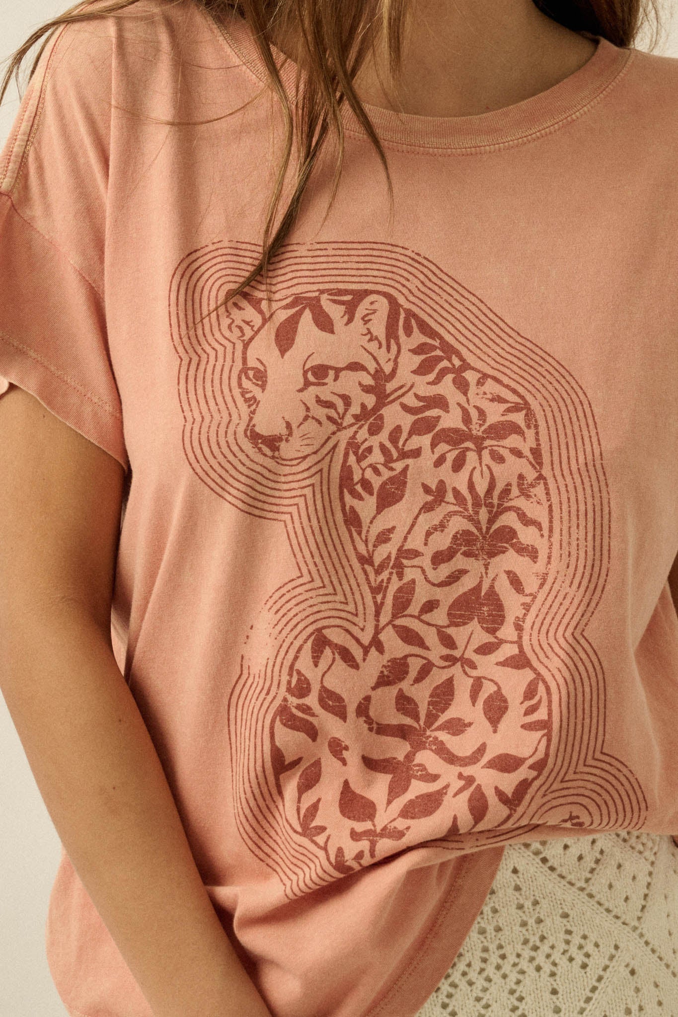 Floral Feline Vintage-Wash Leopard Graphic Tee