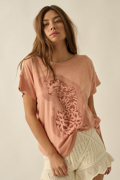 Floral Feline Vintage-Wash Leopard Graphic Tee