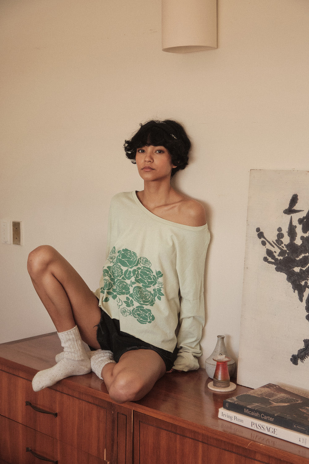 Sage Blooms Vintage-Wash Long-Sleeve Graphic Tee