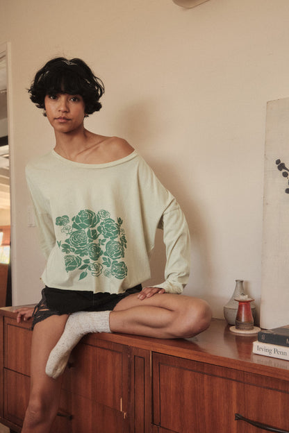 Sage Blooms Vintage-Wash Long-Sleeve Graphic Tee
