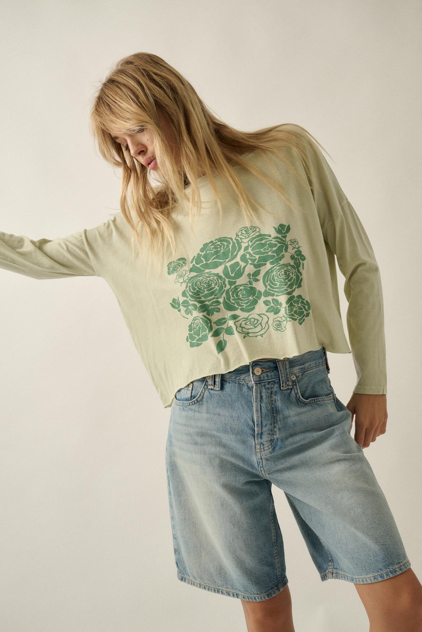 Sage Blooms Vintage-Wash Long-Sleeve Graphic Tee