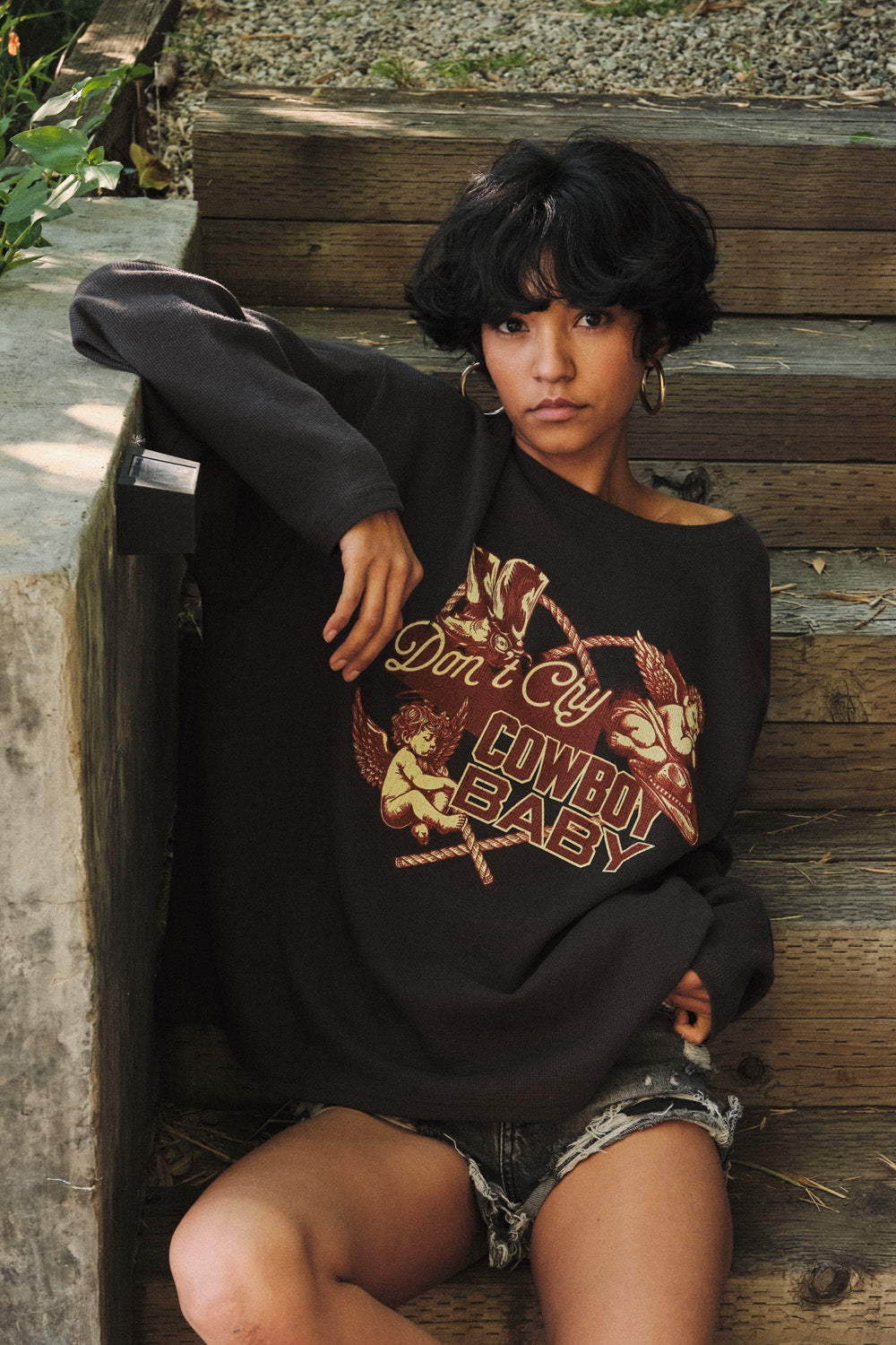 Don't Cry Cowboy Oversize Thermal Graphic Top