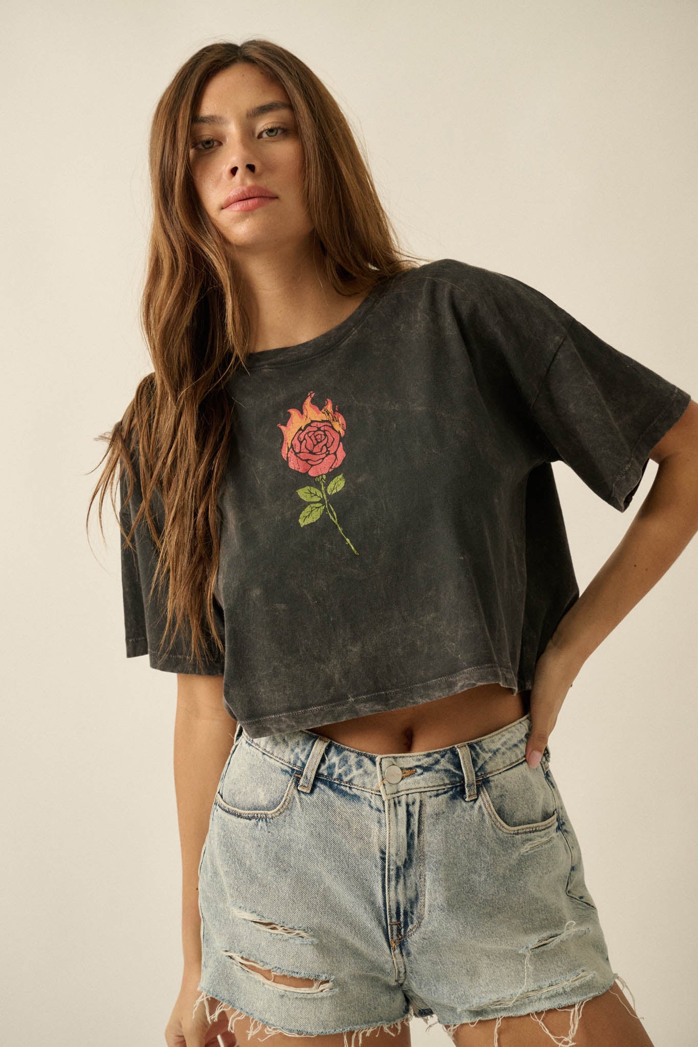 Burning Rose Vintage-Wash Cropped Graphic Tee
