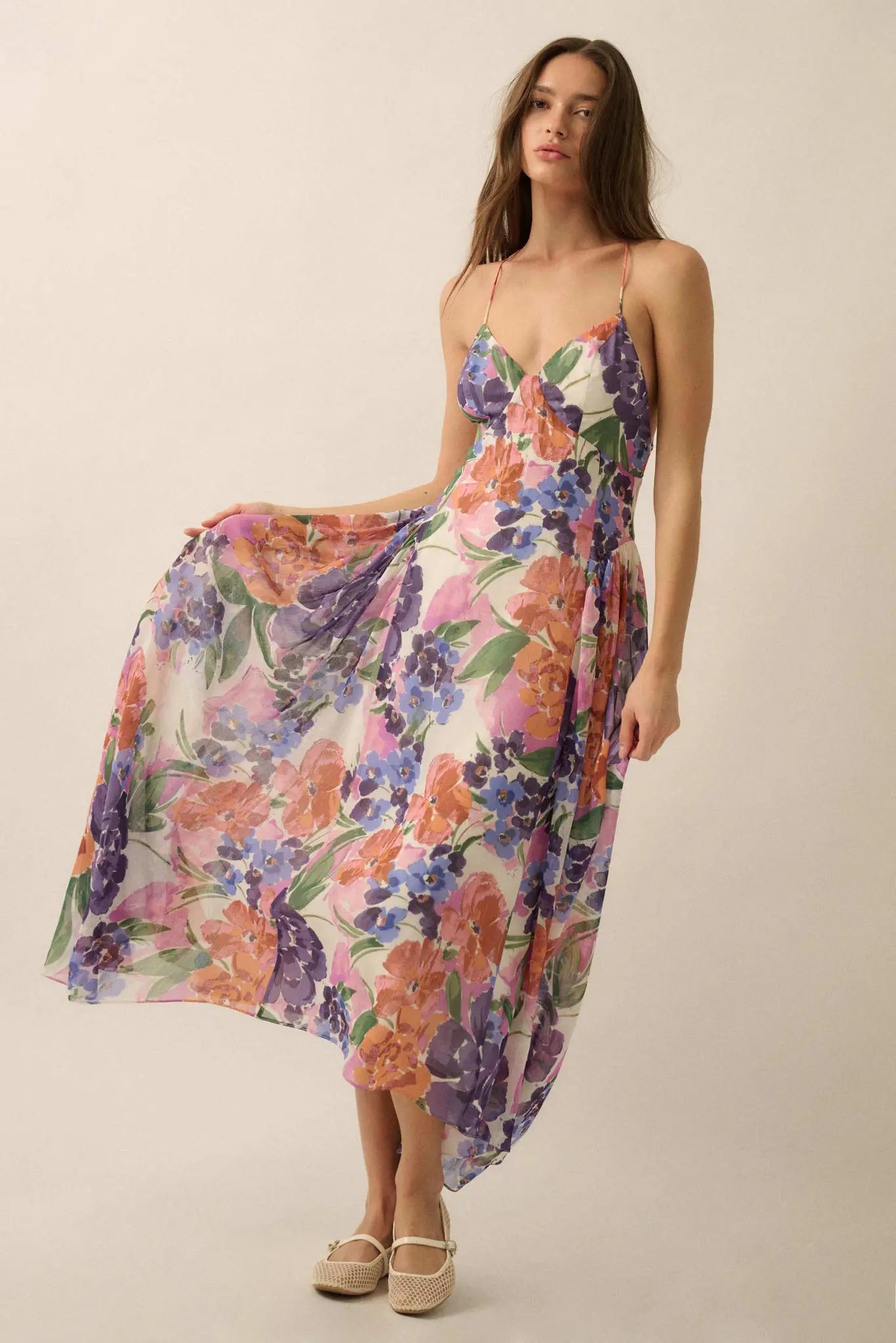 Lush Garden Floral Chiffon Open-Back Maxi Dress