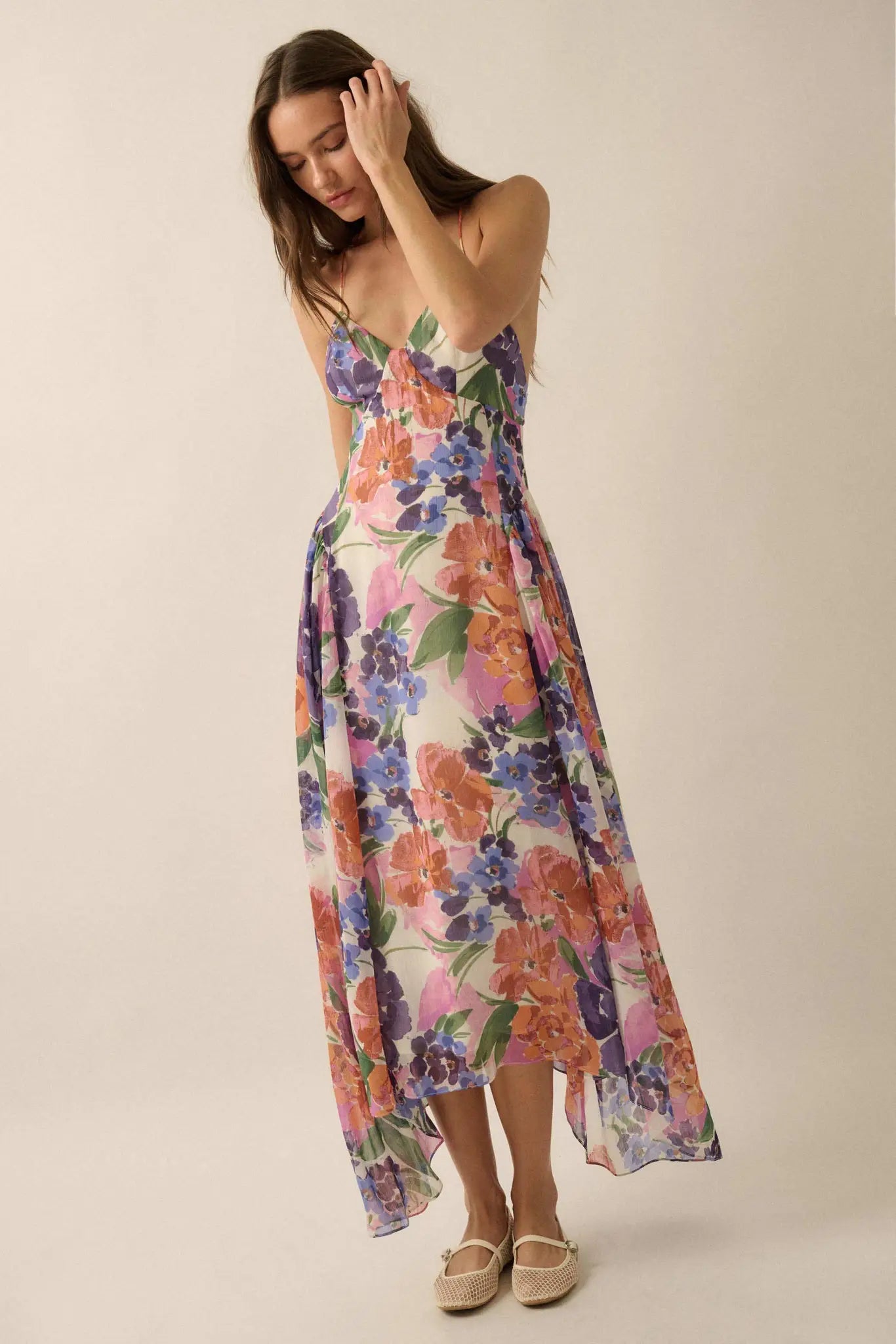 Lush Garden Floral Chiffon Open-Back Maxi Dress