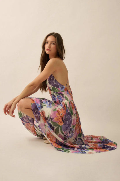 Lush Garden Floral Chiffon Open-Back Maxi Dress