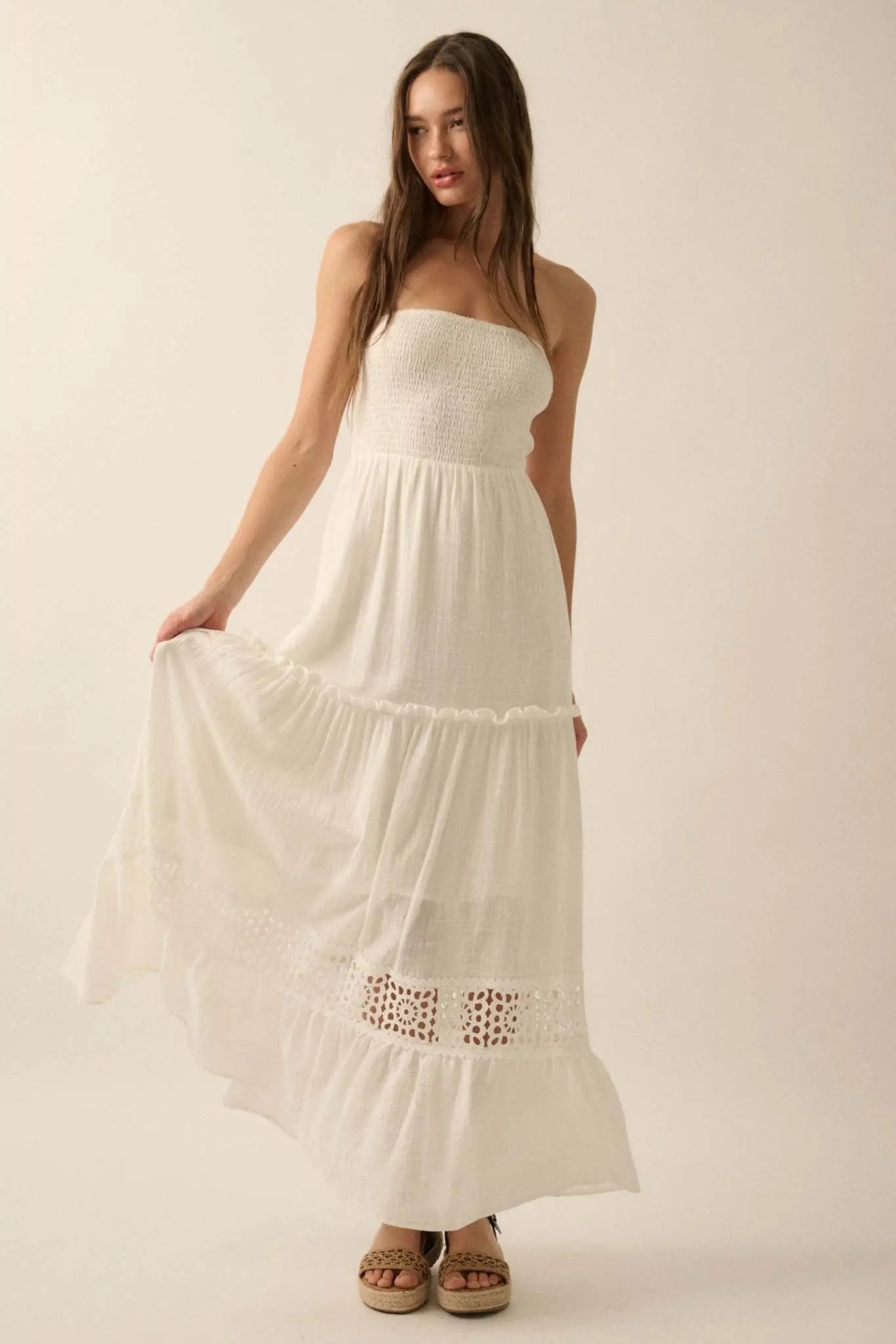 Free at Heart Lace-Inset Strapless Maxi Dress