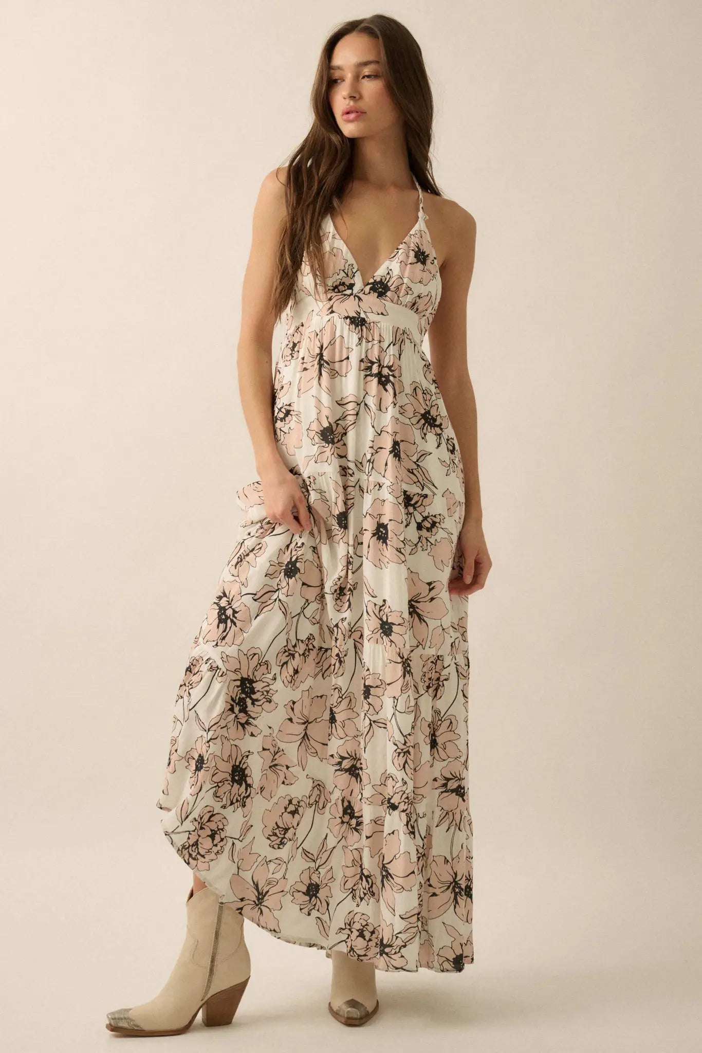 Blown Away Floral Crepe Tiered Halter Maxi Dress