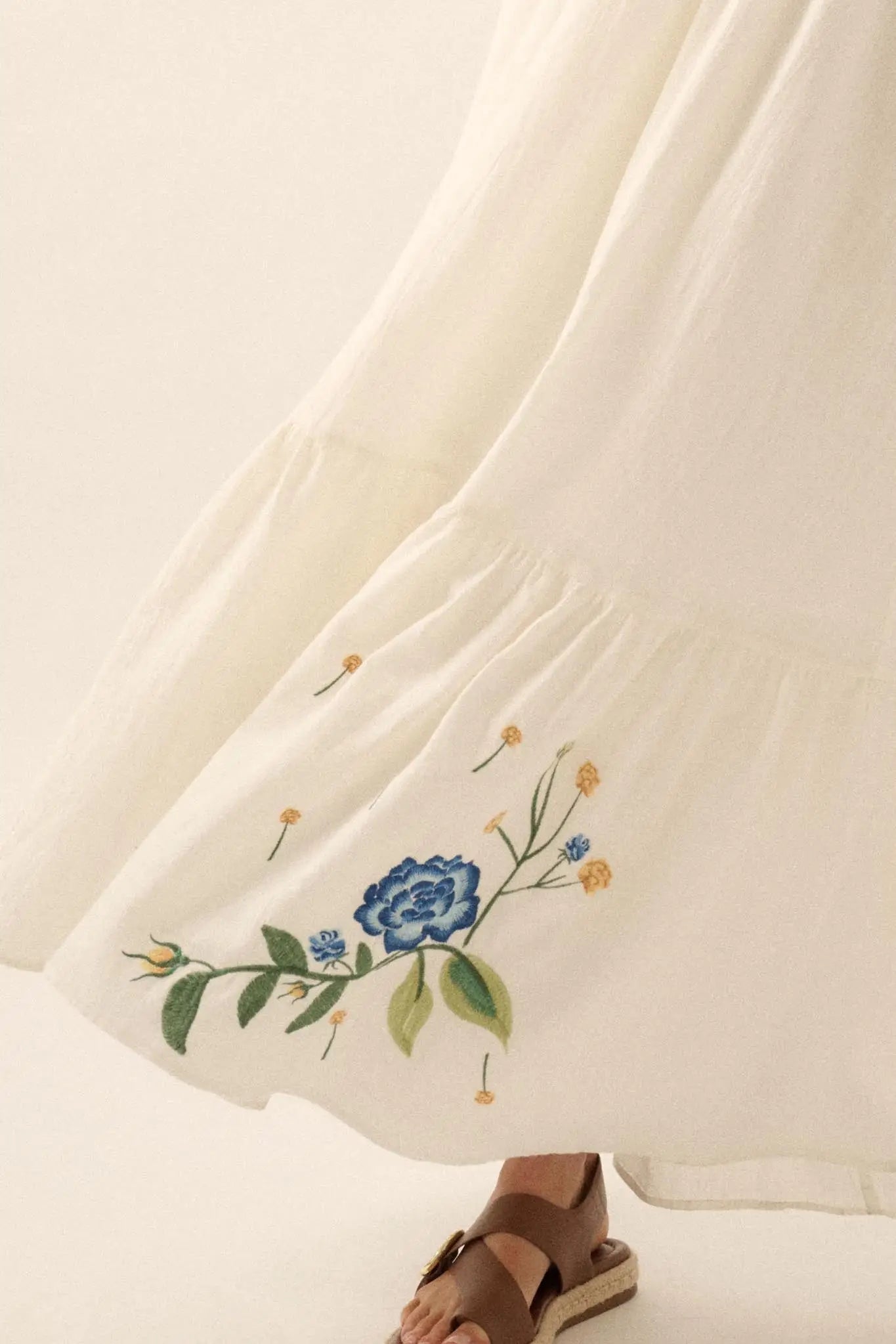 Embroidered Blossoms Ruffled Cotton Maxi Dress