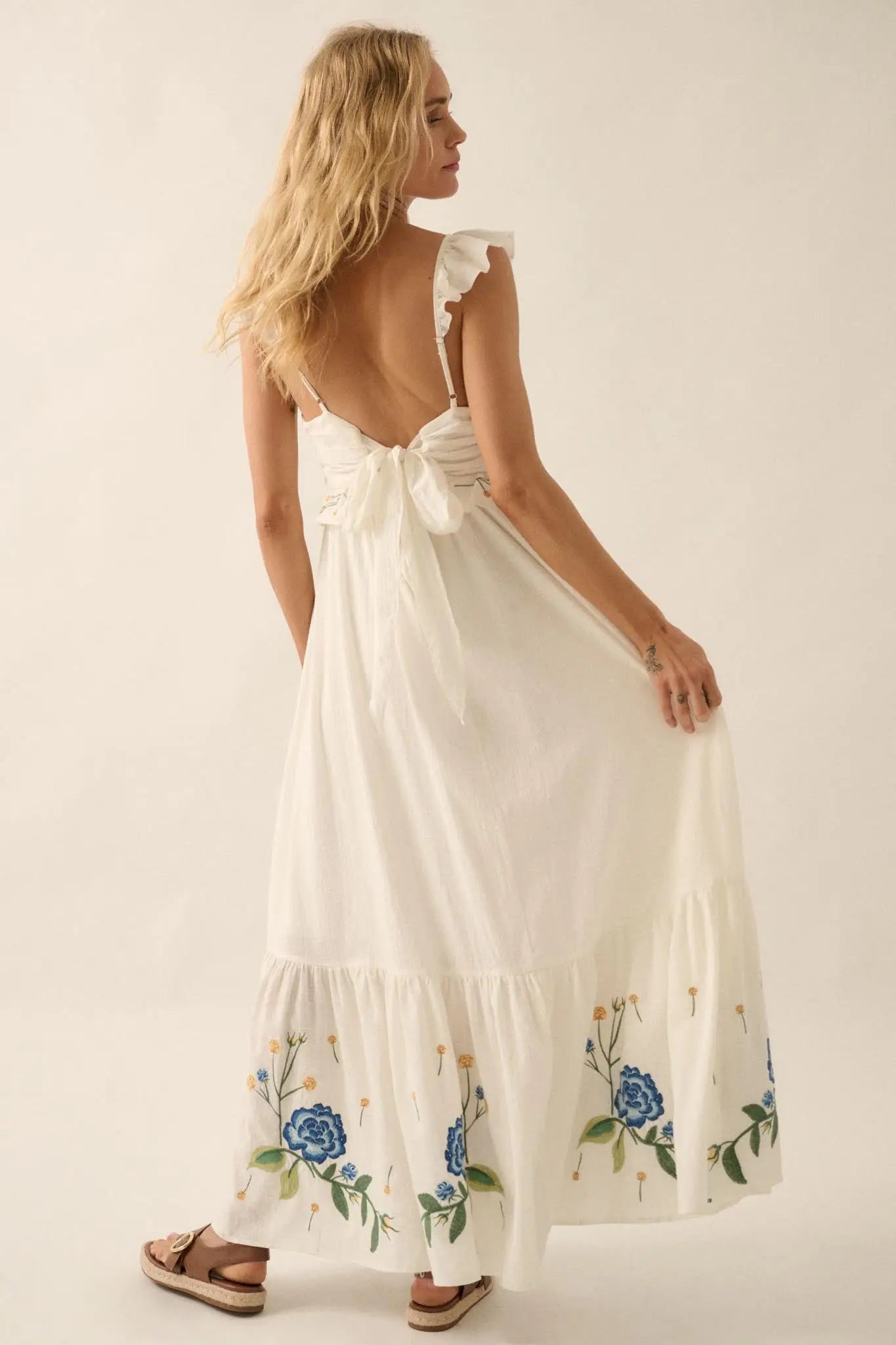 Embroidered Blossoms Ruffled Cotton Maxi Dress