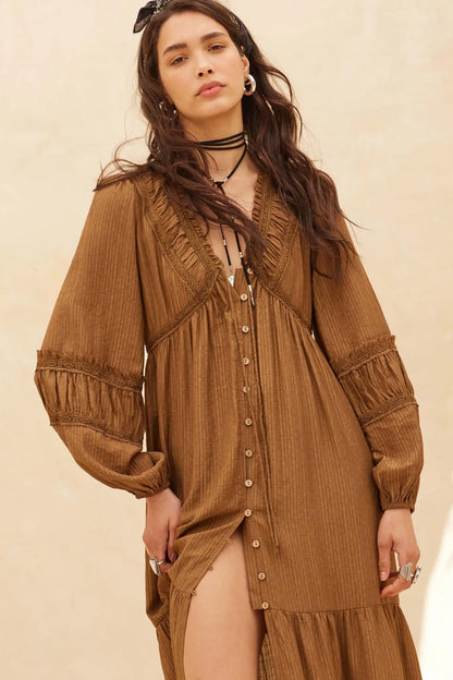 Love Abounds Button-Up Balloon-Sleeve Maxi Dress
