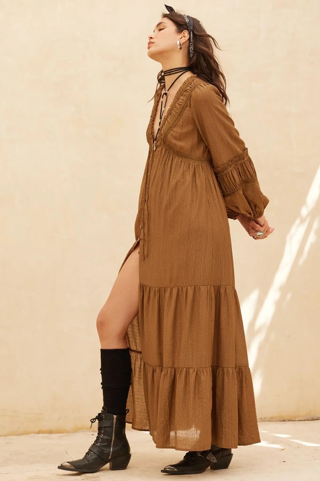 Love Abounds Button-Up Balloon-Sleeve Maxi Dress