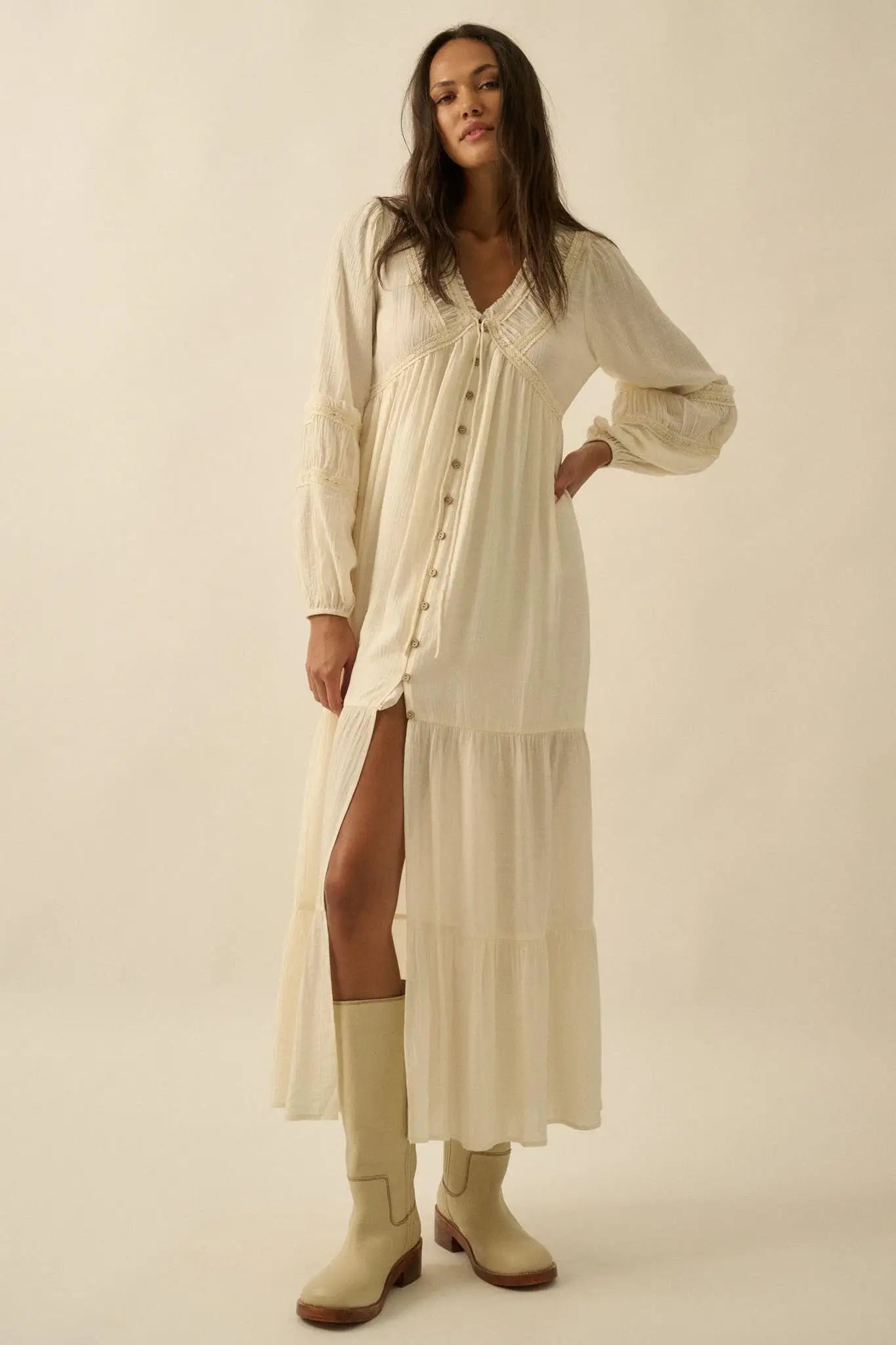 Love Abounds Button-Up Balloon-Sleeve Maxi Dress