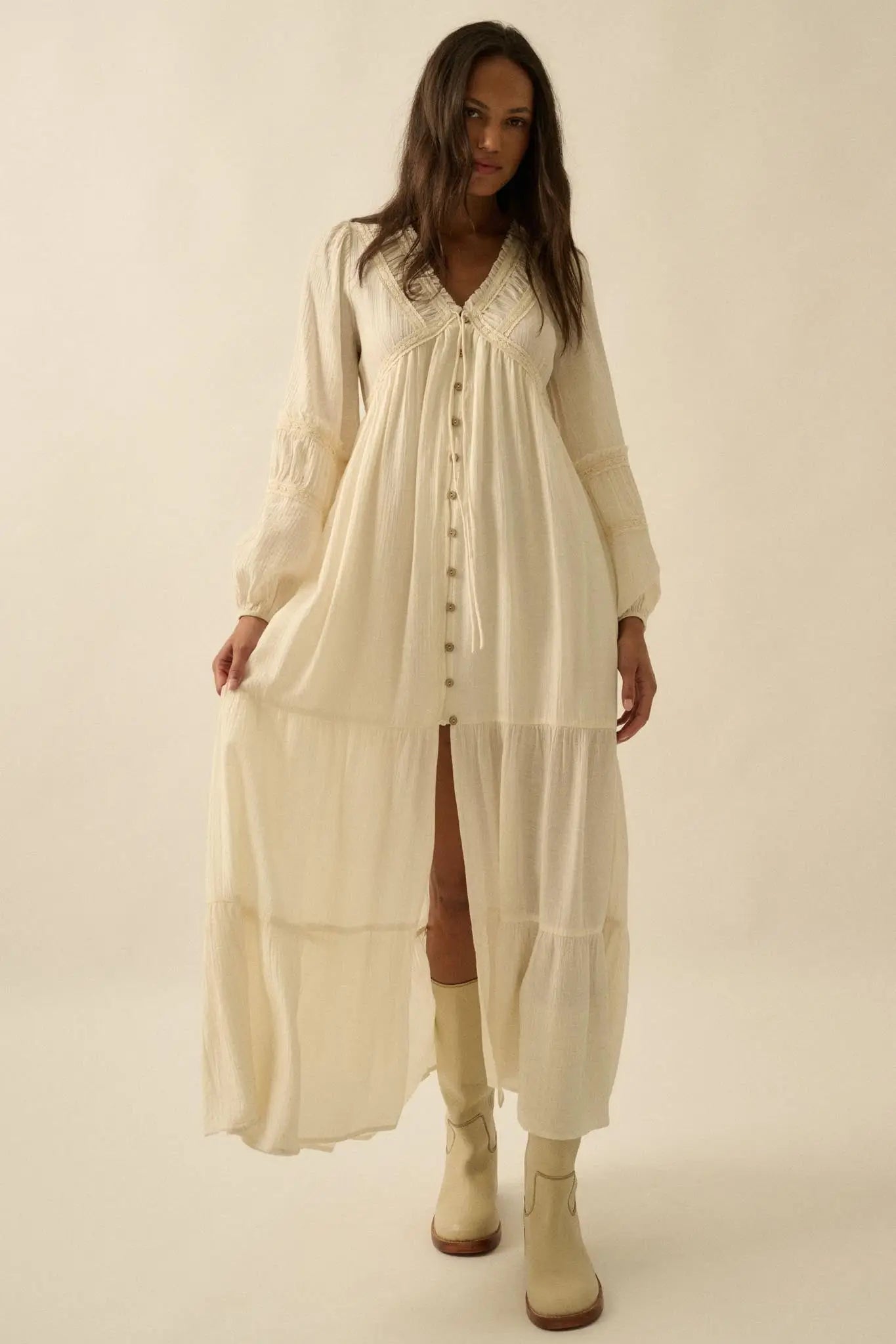 Love Abounds Button-Up Balloon-Sleeve Maxi Dress