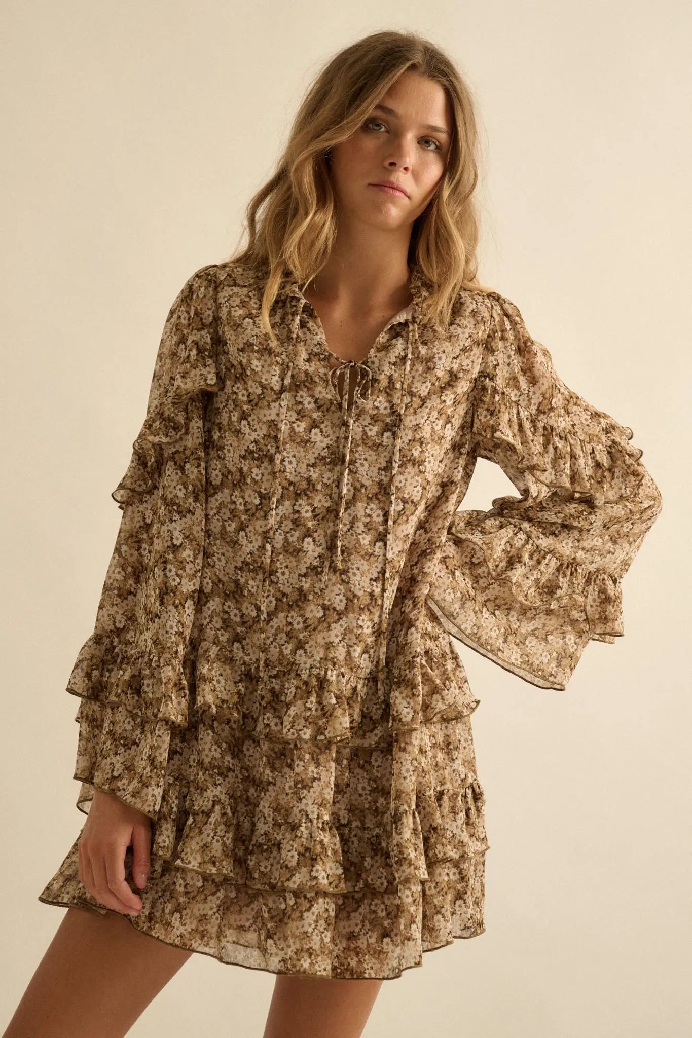 Beautiful Embrace Floral Chiffon Ruffle Mini Dress