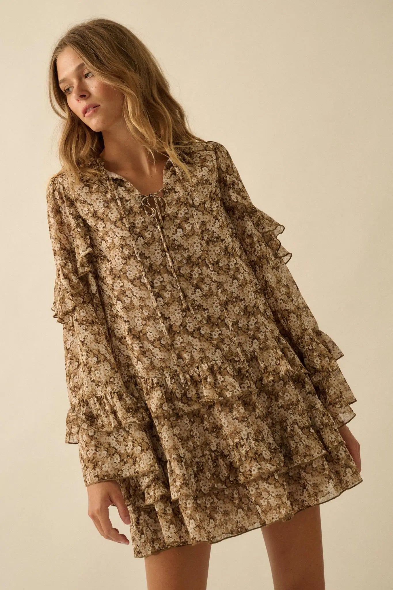 Beautiful Embrace Floral Chiffon Ruffle Mini Dress