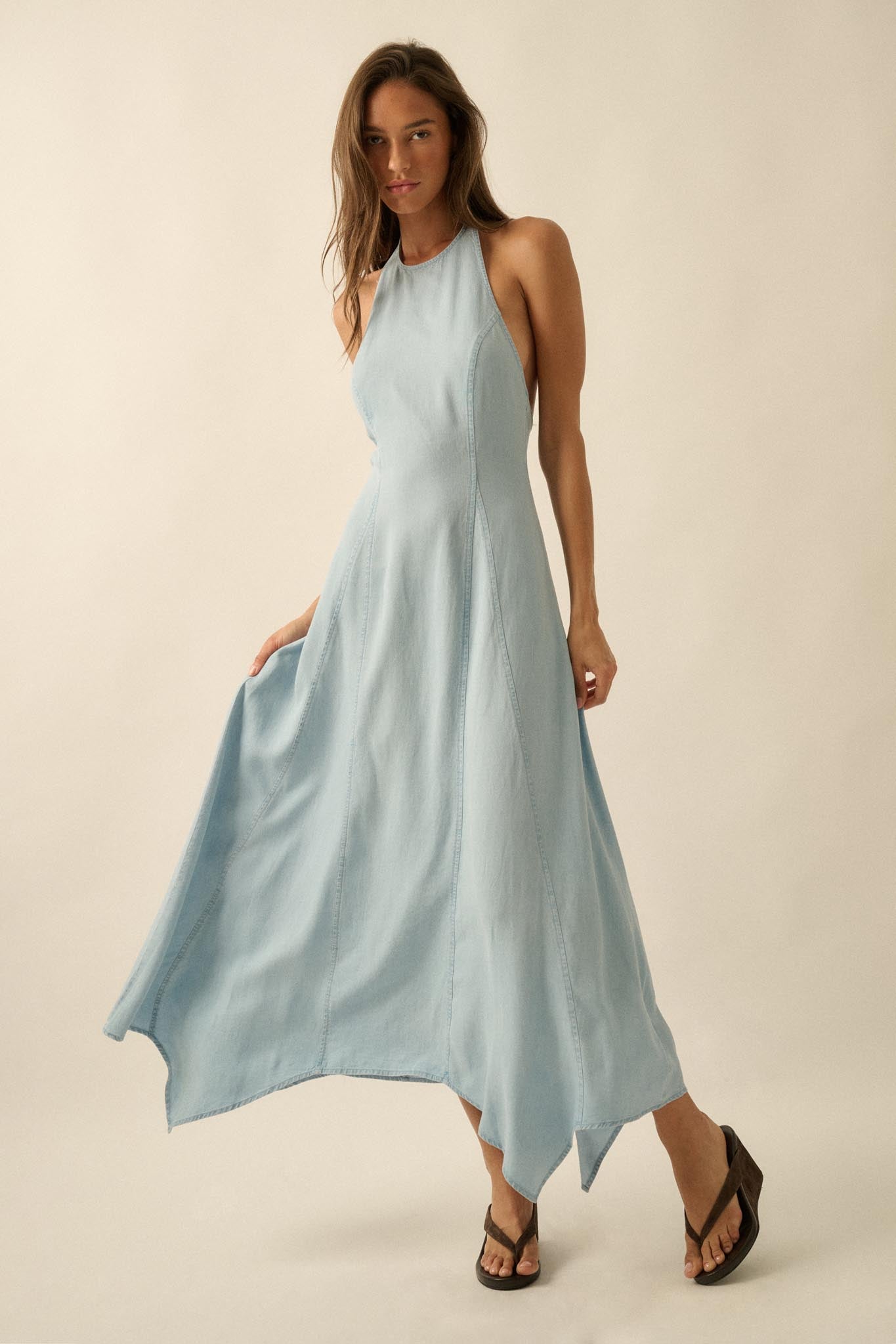 Kiss the Sky Denim Halter Handkerchief Maxi Dress