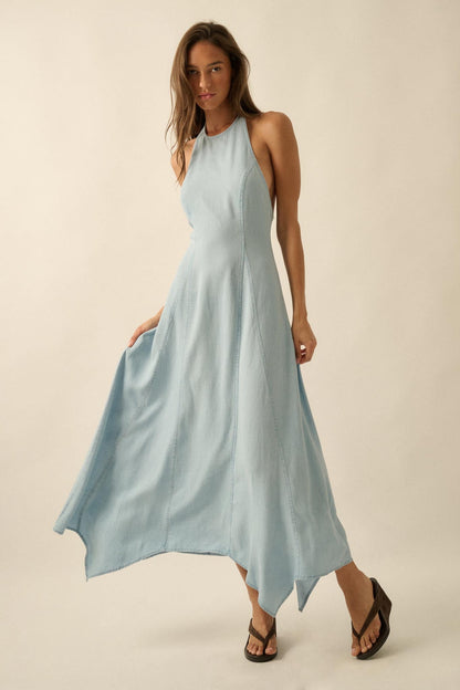 Kiss the Sky Denim Halter Handkerchief Maxi Dress