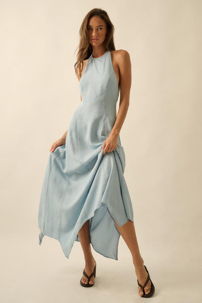 Kiss the Sky Denim Halter Handkerchief Maxi Dress
