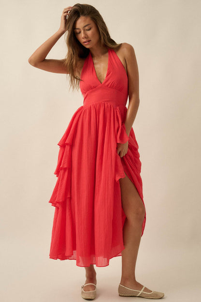 All Aflutter Gauze Tiered Ruffle Halter Maxi Dress