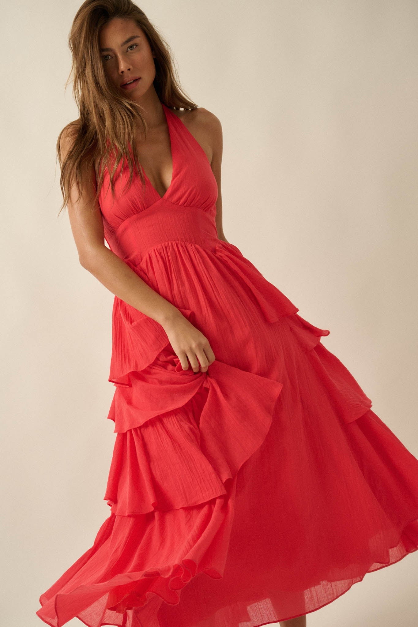 All Aflutter Gauze Tiered Ruffle Halter Maxi Dress