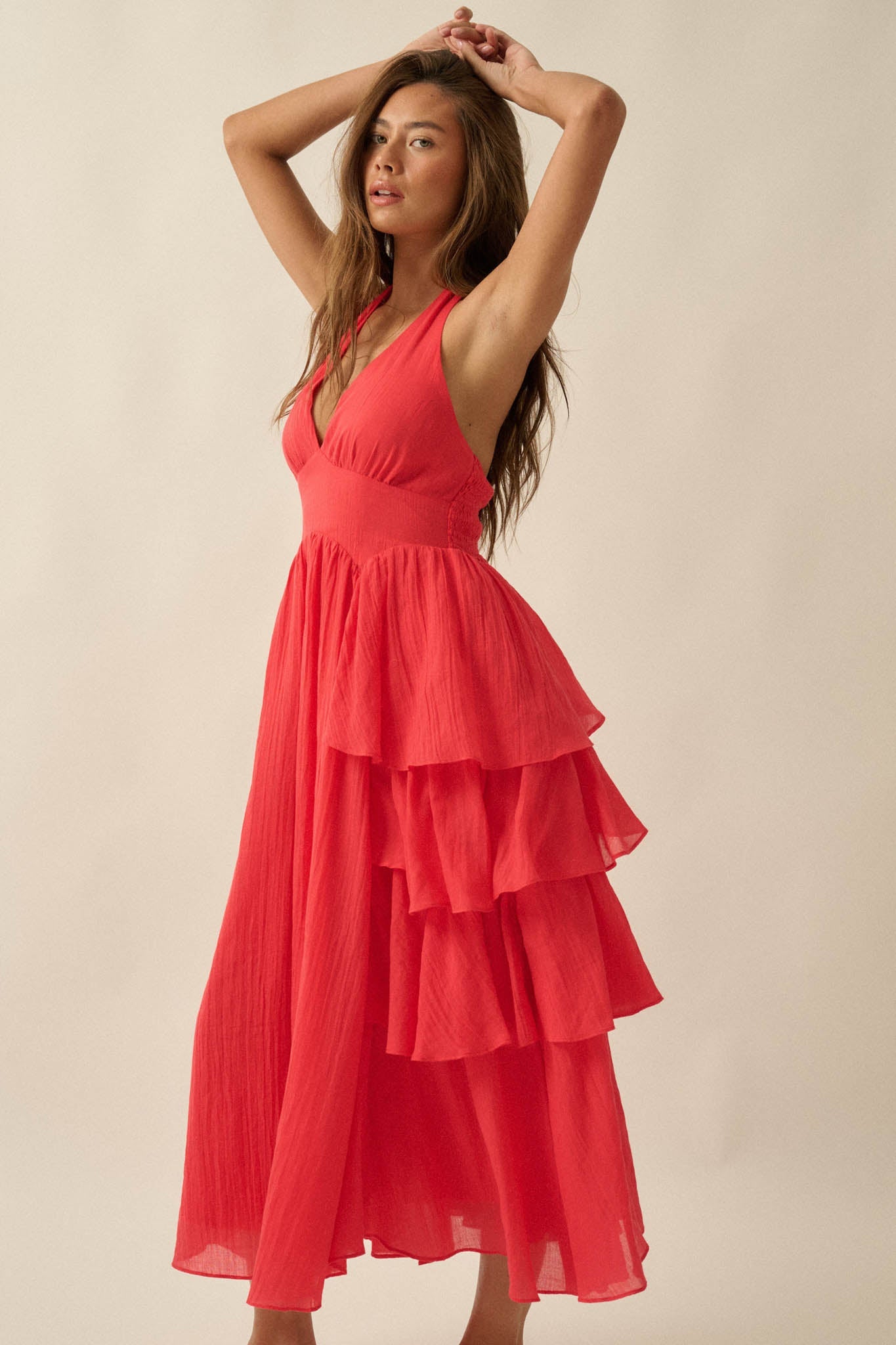 All Aflutter Gauze Tiered Ruffle Halter Maxi Dress