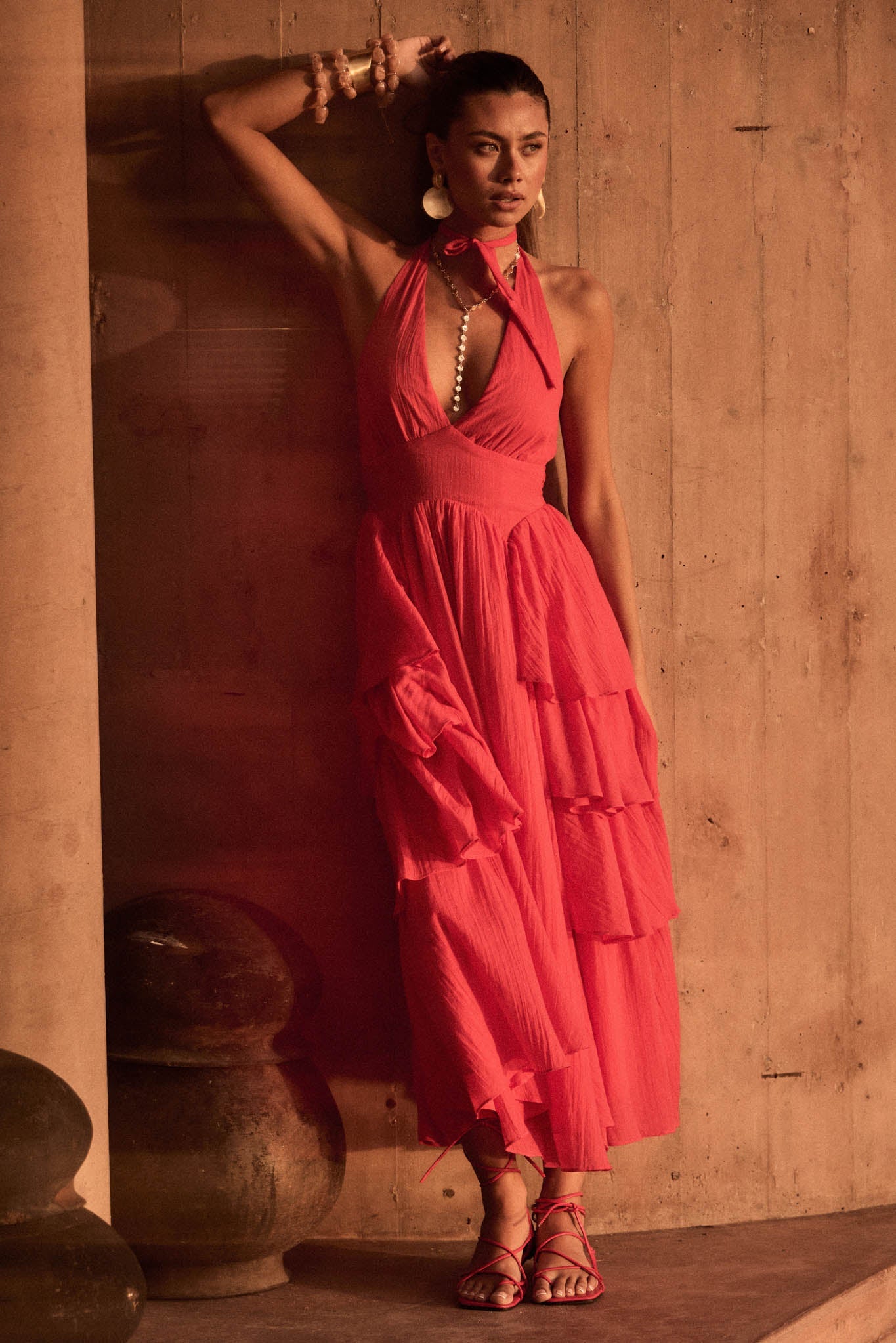 All Aflutter Gauze Tiered Ruffle Halter Maxi Dress