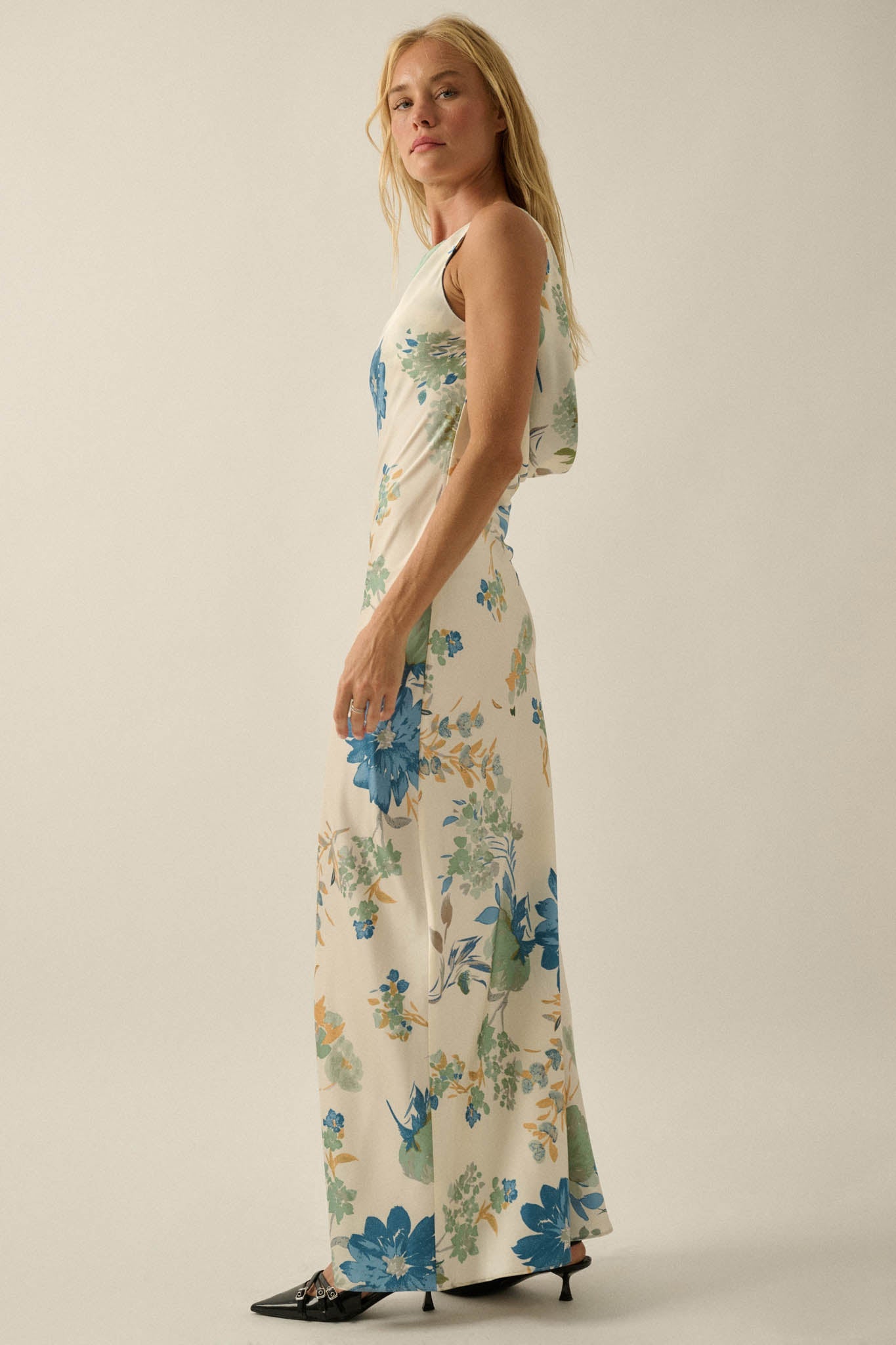 Silky Petals Floral Satin Cowl-Back Maxi Dress