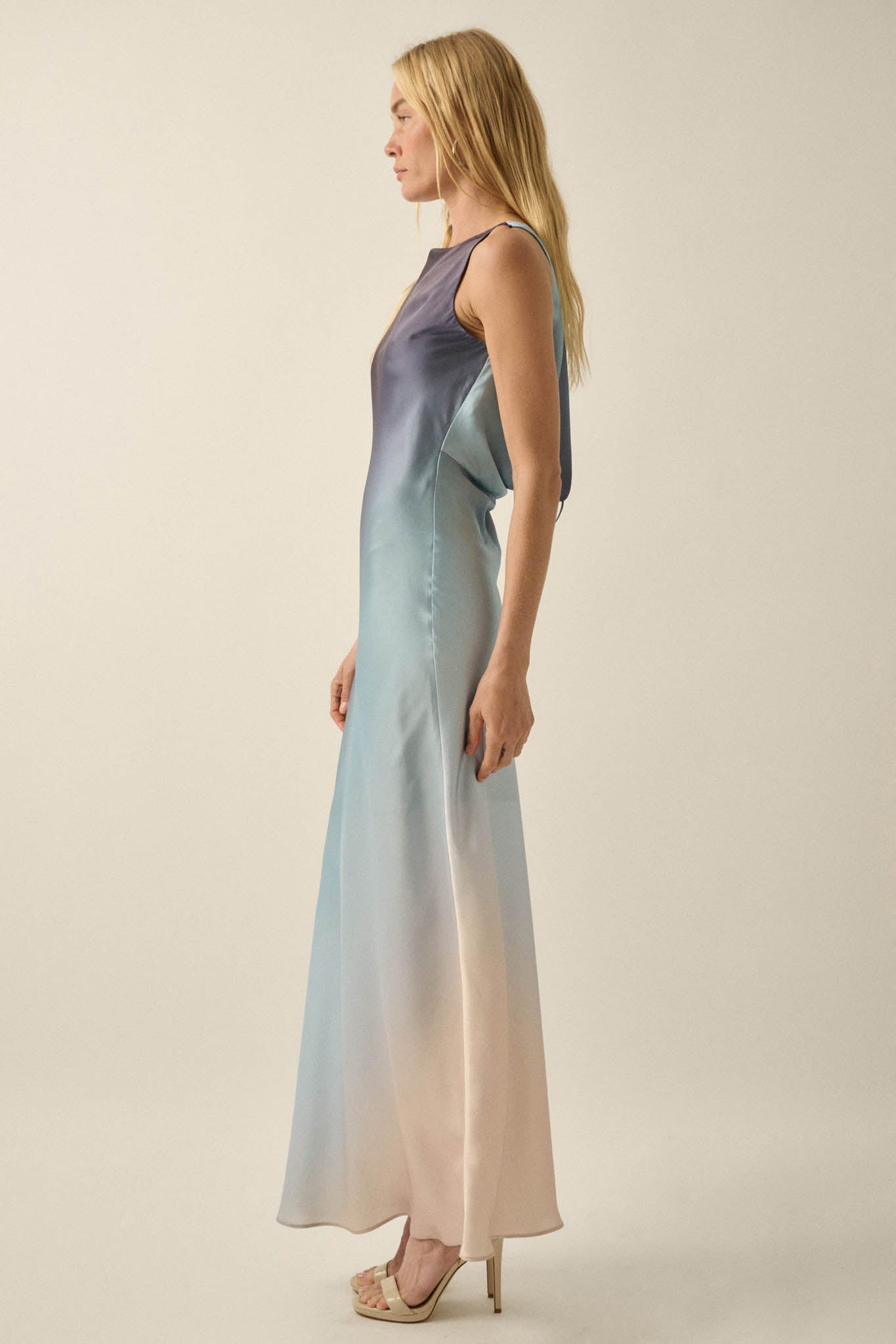 Glow Up Ombre Satin Cowl-Back Maxi Dress