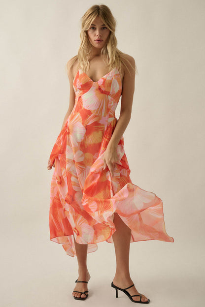 Blooming Isle Floral Chiffon Cross-Back Maxi Dress