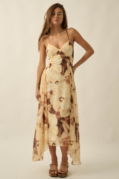 Blooming Isle Floral Chiffon Cross-Back Maxi Dress