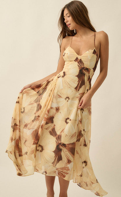 Blooming Isle Floral Chiffon Cross-Back Maxi Dress