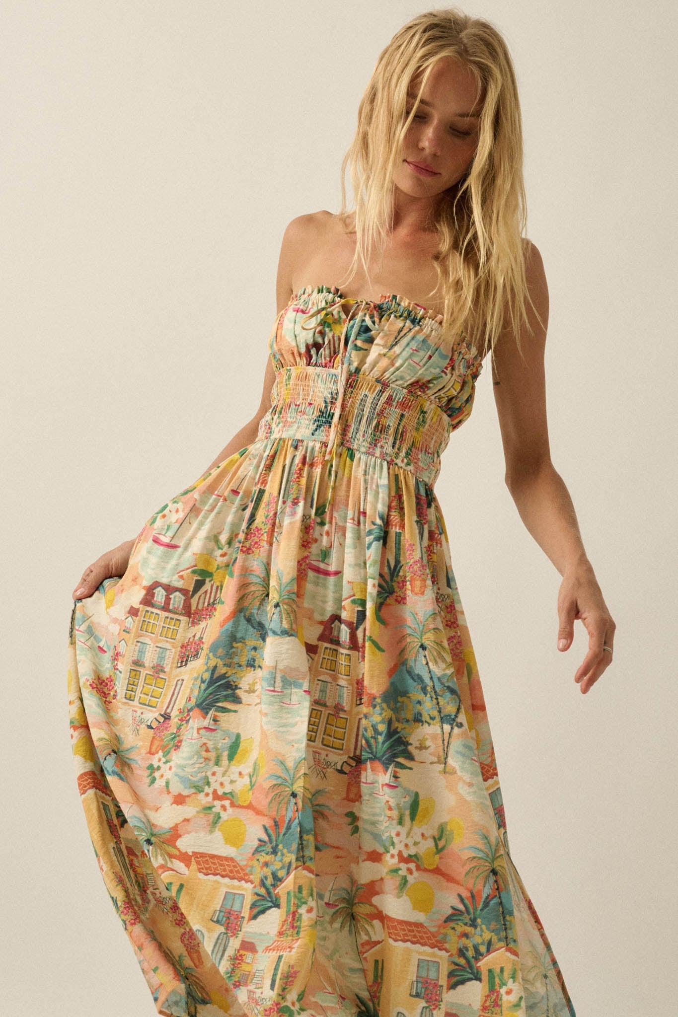 Bahama Mama Tropical-Print Strapless Maxi Dress