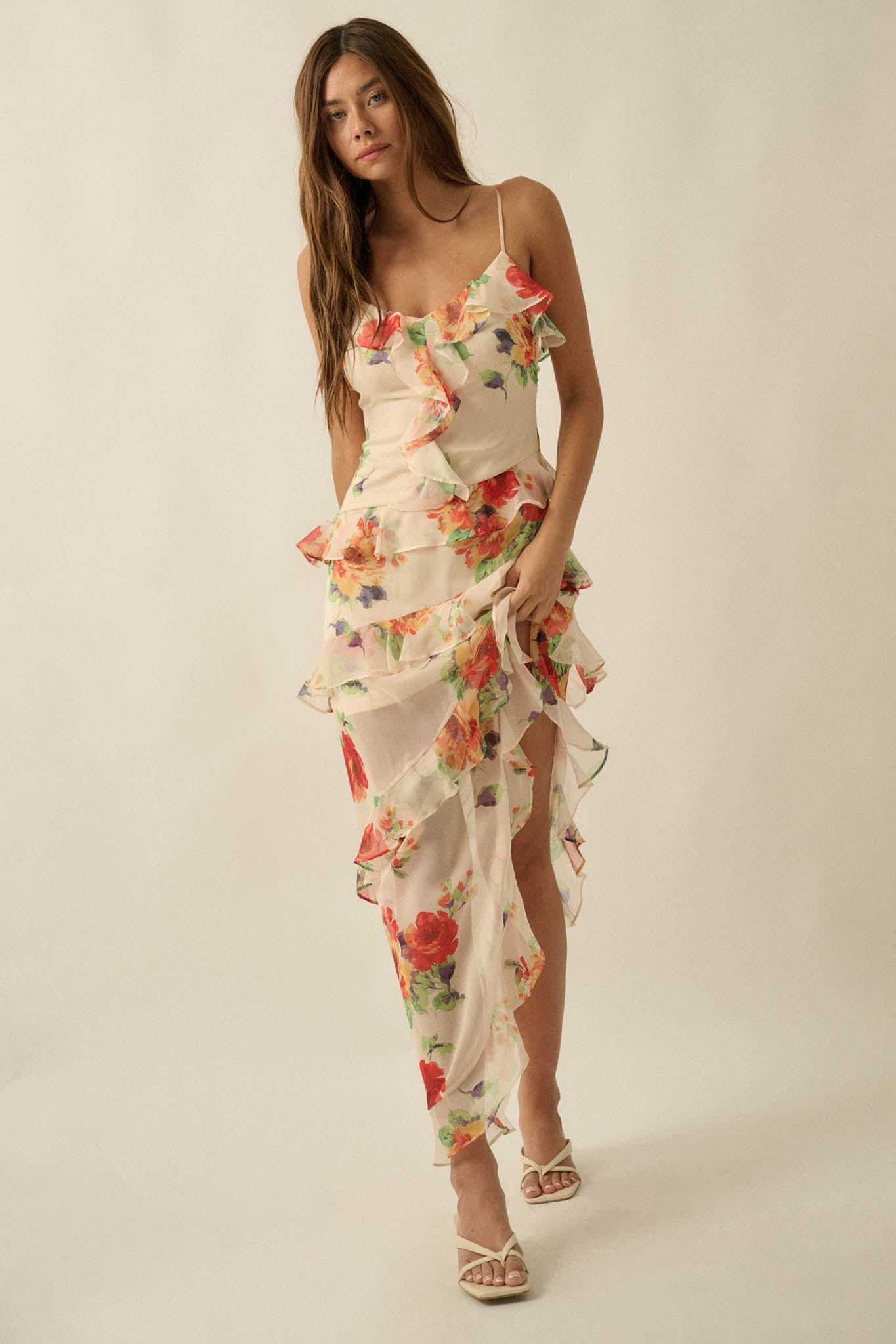 Pure Enchantment Floral Chiffon Ruffle Maxi Dress
