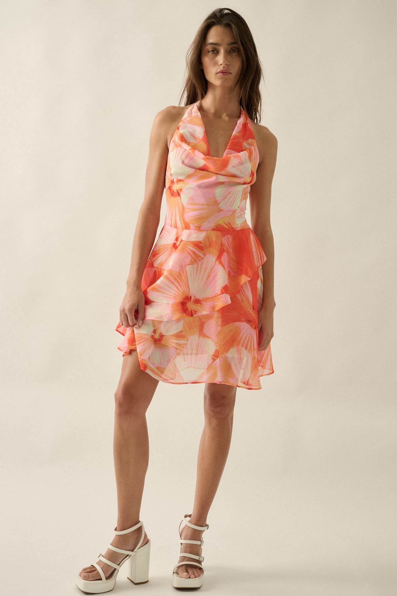 Floral Shores Floral Chiffon Cowl-Neck Mini Dress
