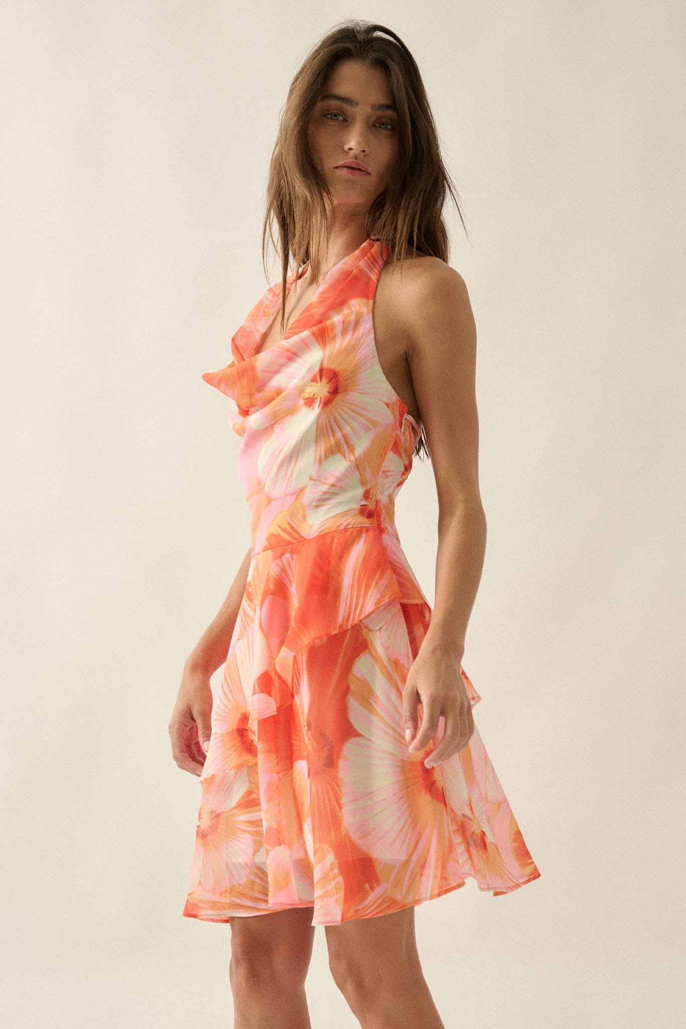 Floral Shores Floral Chiffon Cowl-Neck Mini Dress