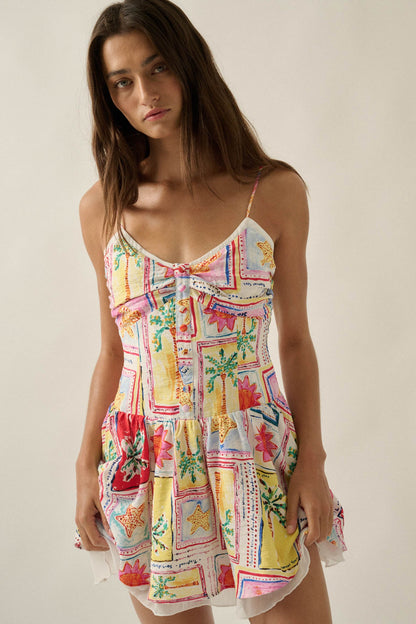 Pretty in Paradise Tropical-Print Drop-Waist Mini Dress