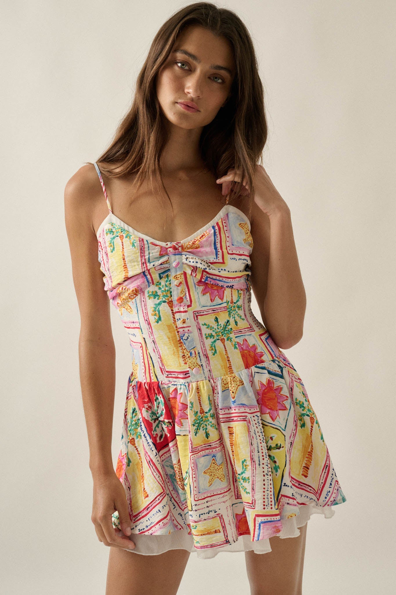 Pretty in Paradise Tropical-Print Drop-Waist Mini Dress