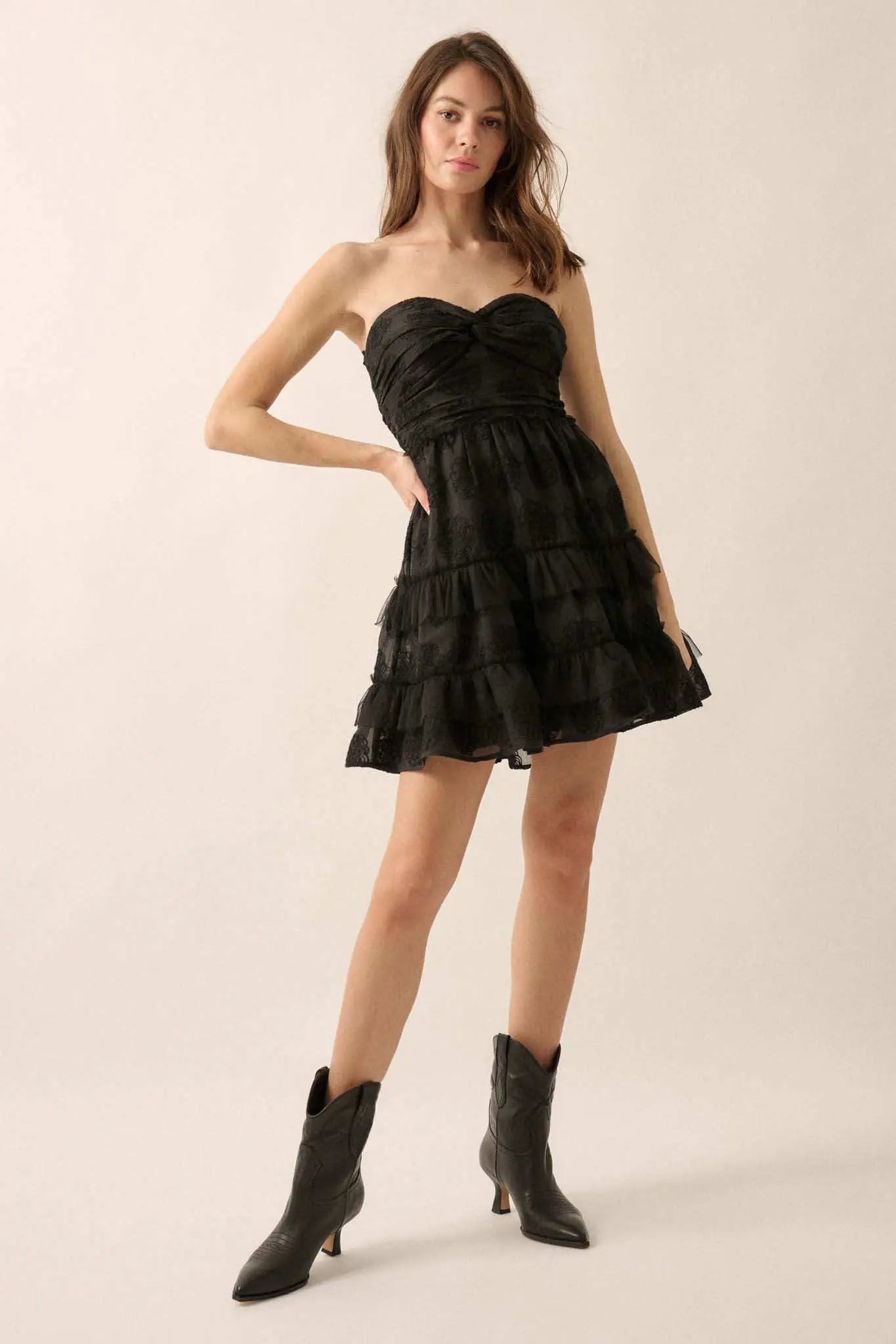 Floral Finesse Ruffled Lace Strapless Mini Dress