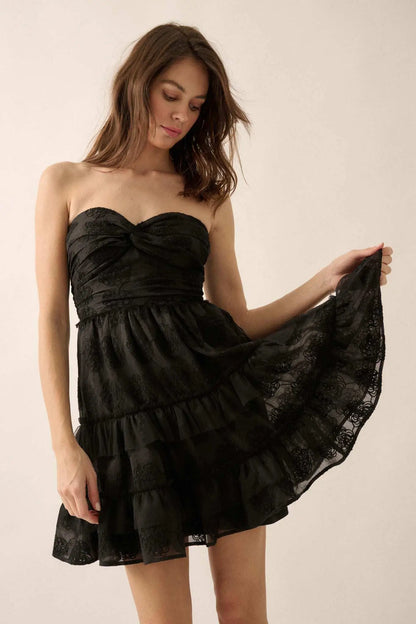 Floral Finesse Ruffled Lace Strapless Mini Dress