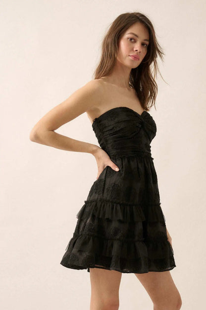 Floral Finesse Ruffled Lace Strapless Mini Dress