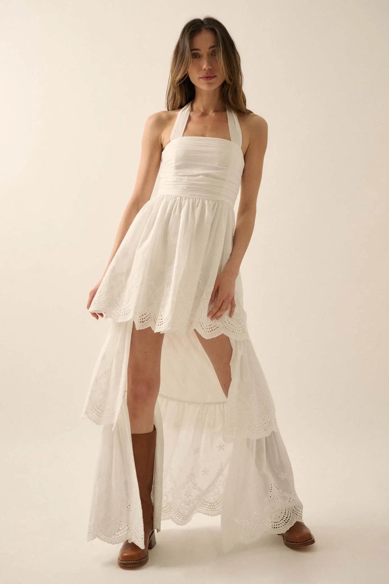 Pure Perfection Eyelet Lace High-Low Maxi Dress