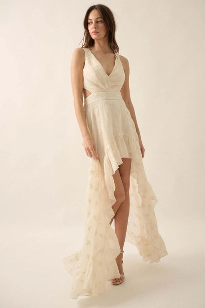 After All Embroidered Tie-Back High-Low Maxi Dress
