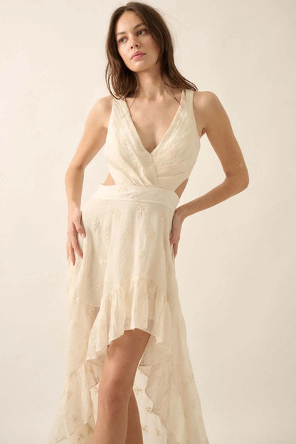 After All Embroidered Tie-Back High-Low Maxi Dress
