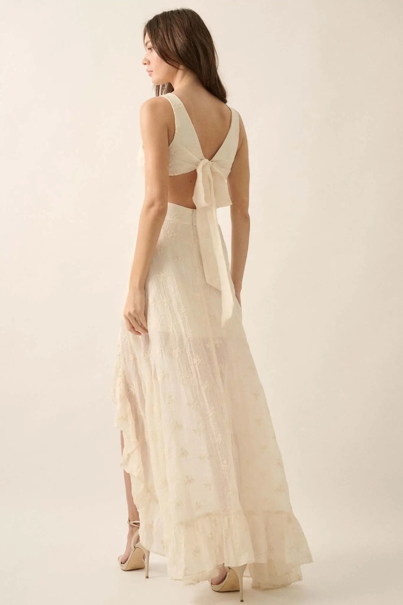 After All Embroidered Tie-Back High-Low Maxi Dress