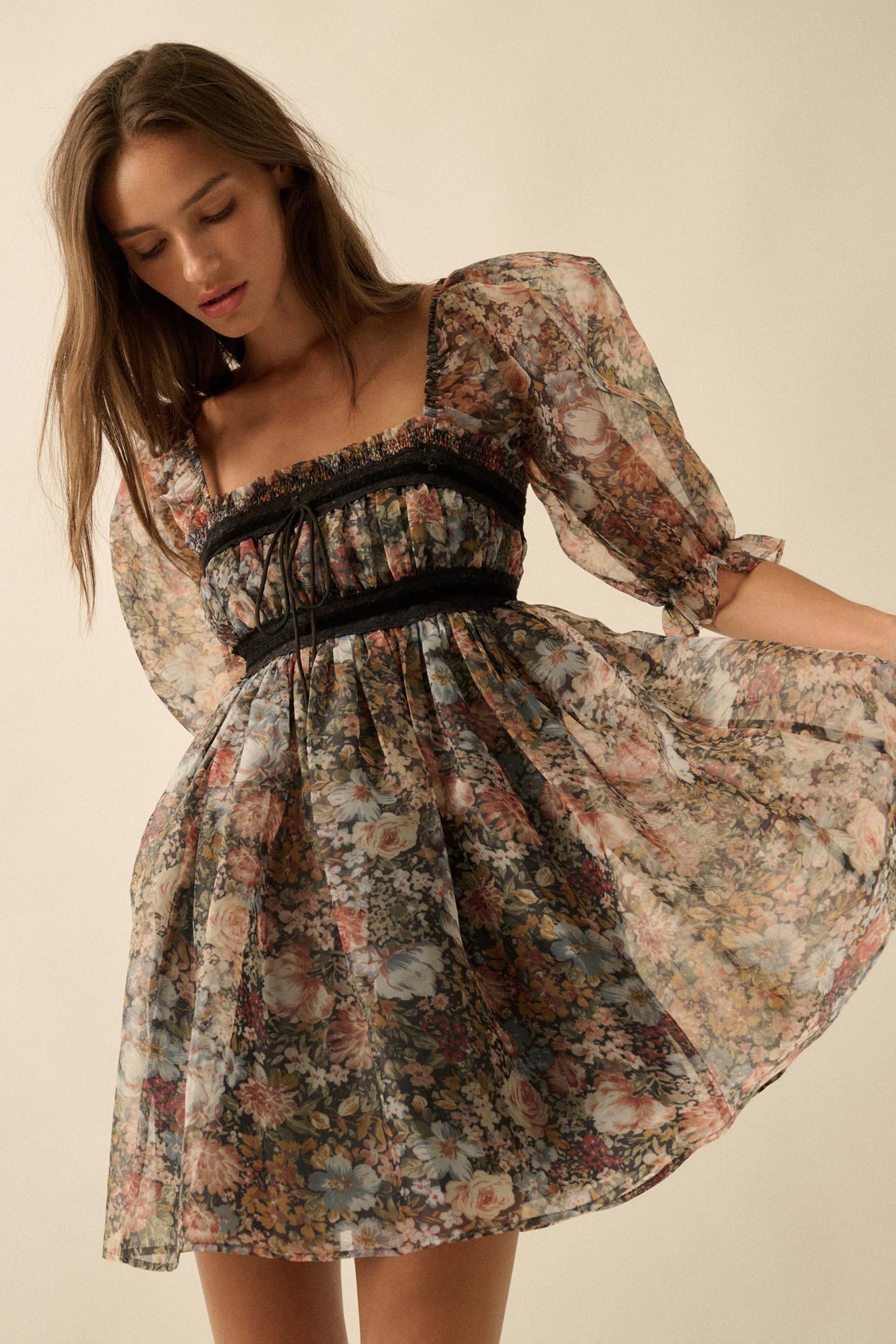 Autumn Meadow Floral Organza Babydoll Mini Dress