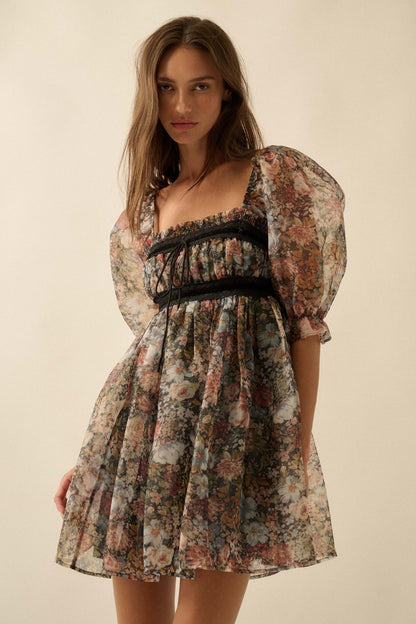 Autumn Meadow Floral Organza Babydoll Mini Dress
